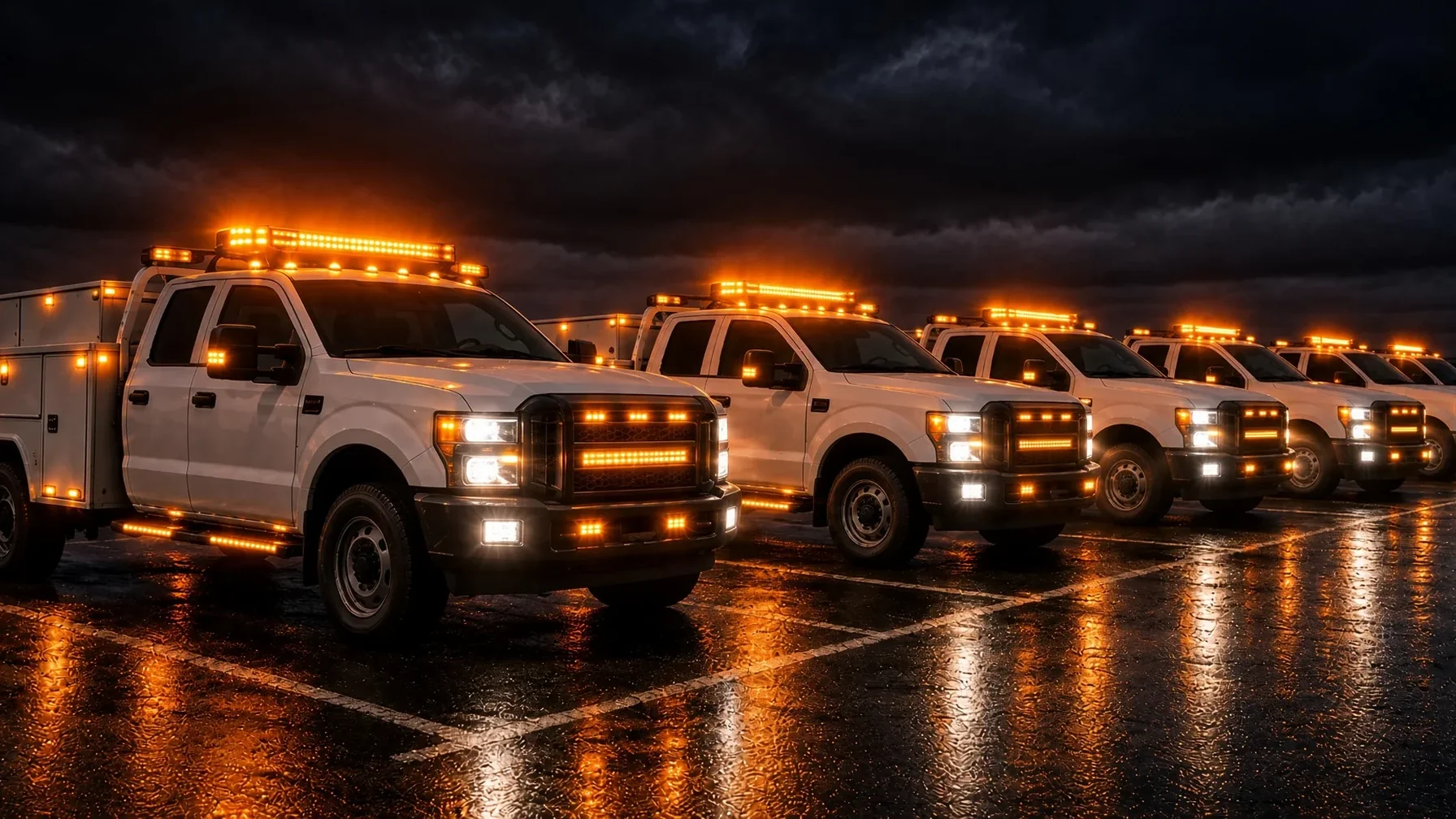Fleet of white service trucks with amber warning lighting active after dark
