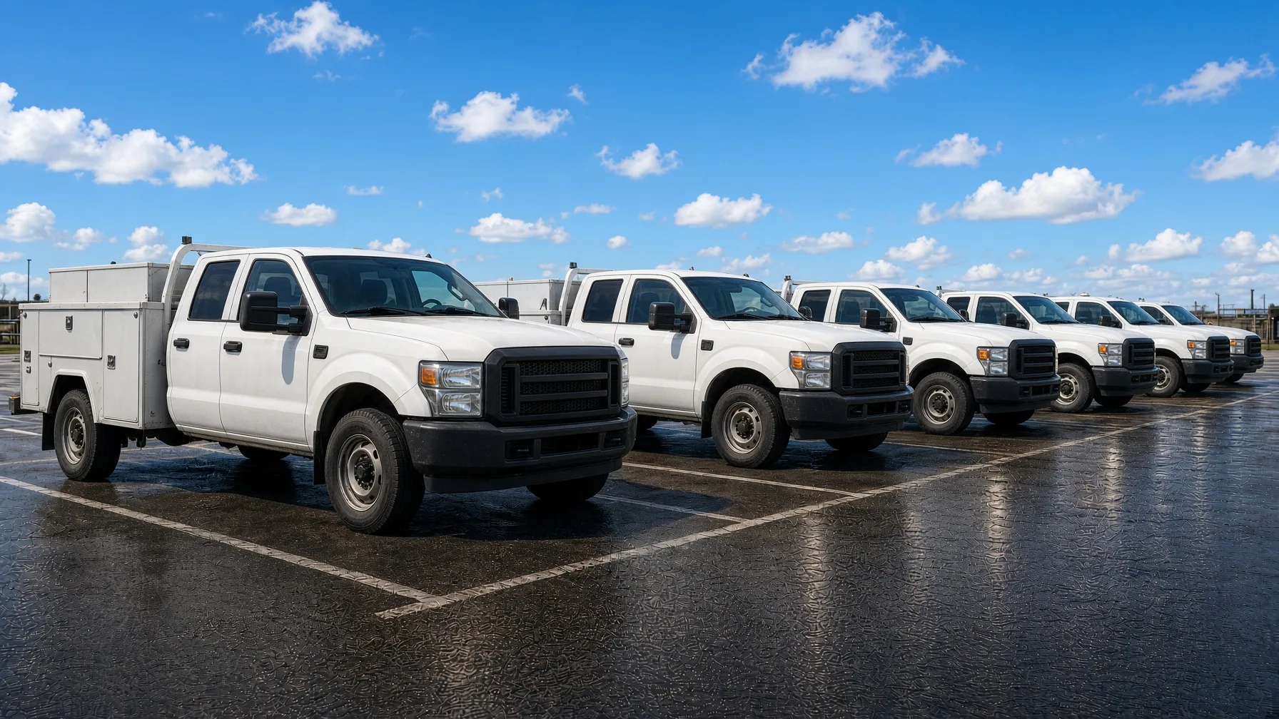 The same fleet of service trucks in daylight with warning lighting off
